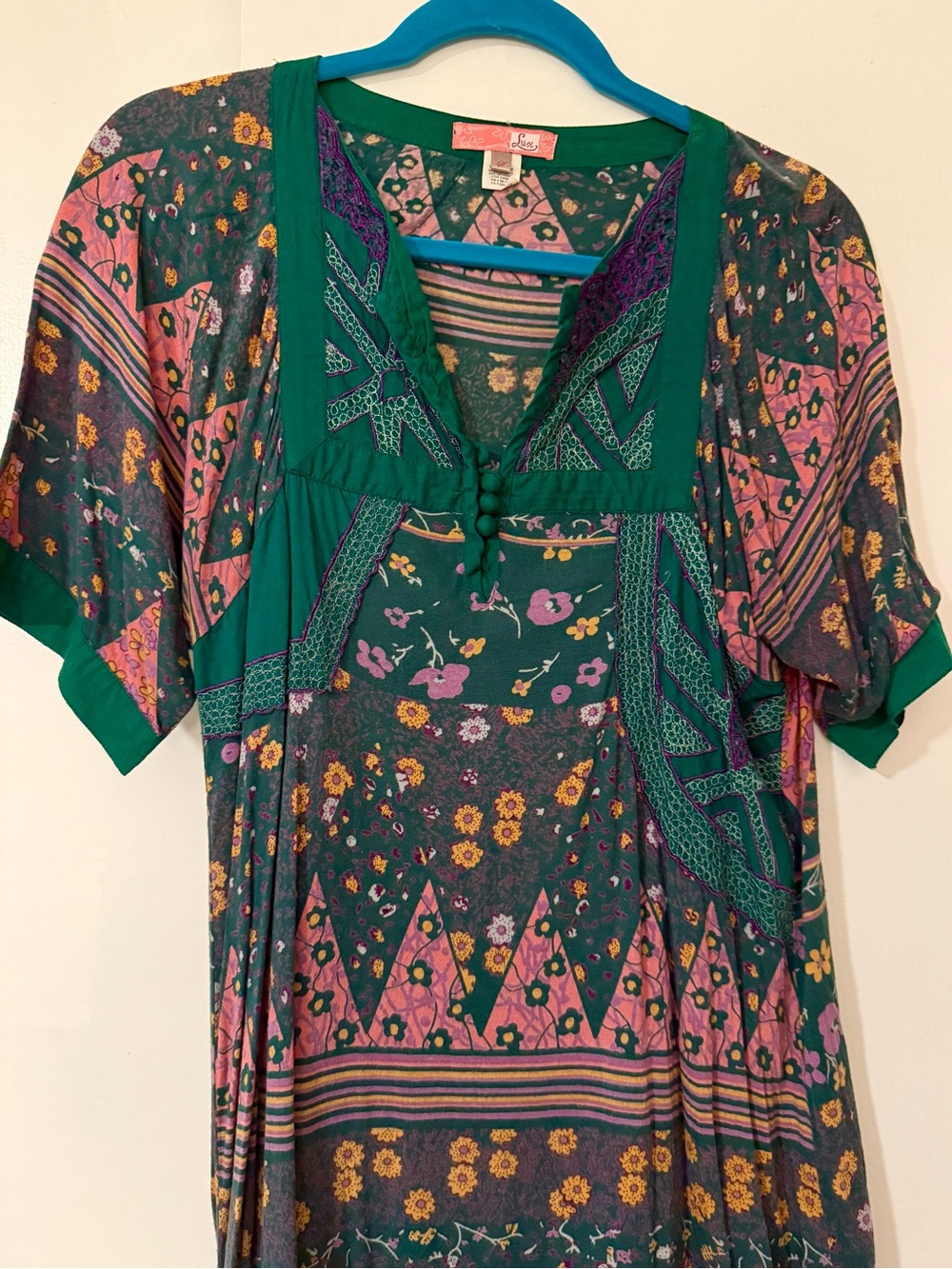 Y2K UO Lux Dark Green Mixed-Print Bohemian Dress